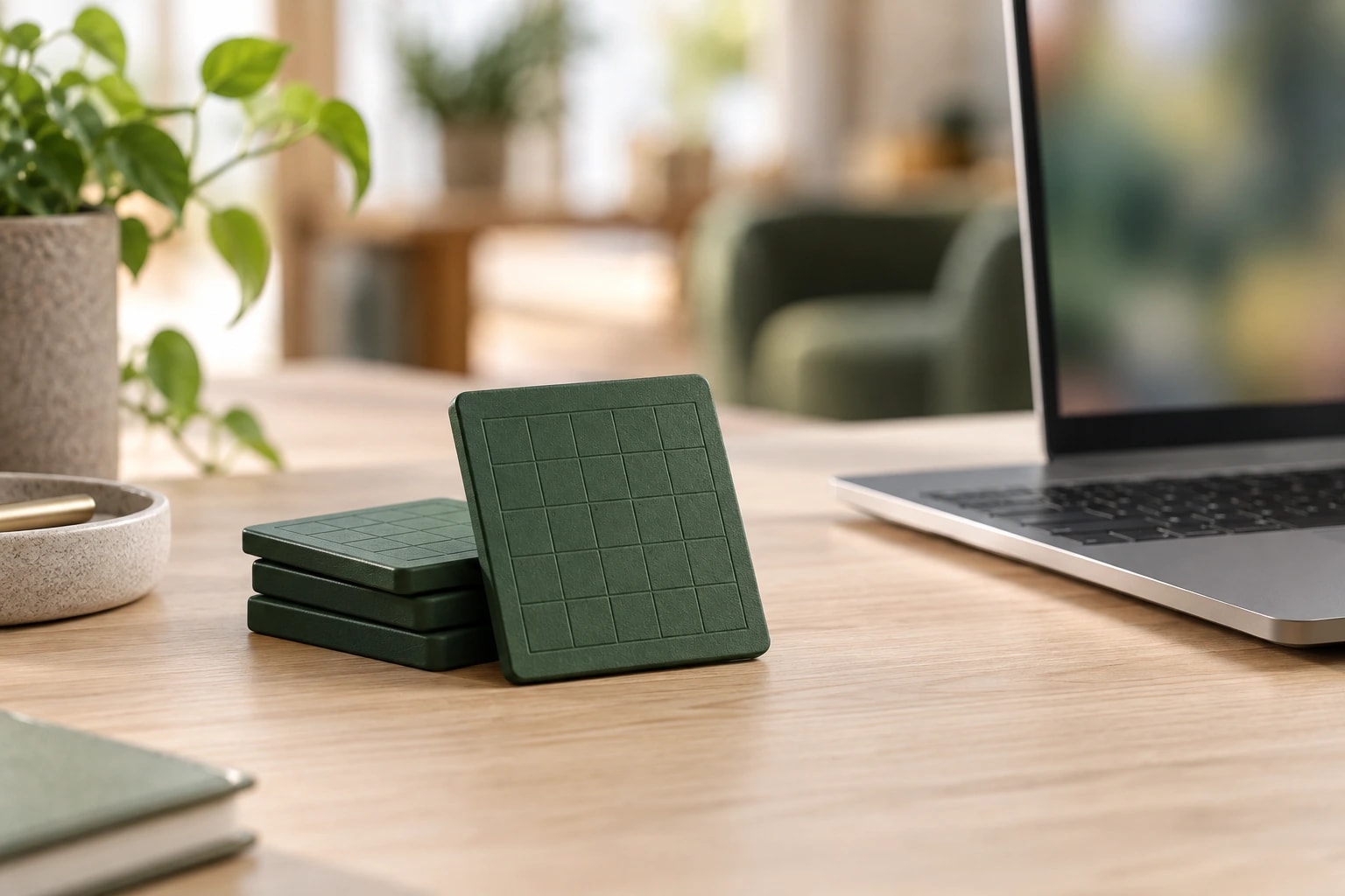 Illustrative: a small stack of green calendar magnets on a desk next to a laptop