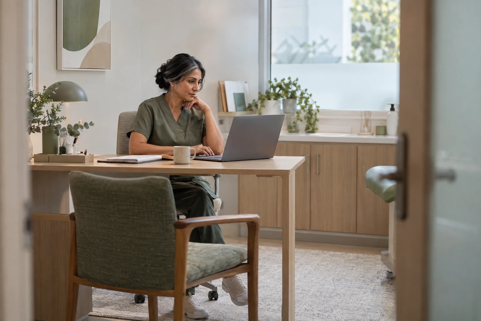 Illustrative: a clinic owner reviewing supplier options on a laptop between appointments