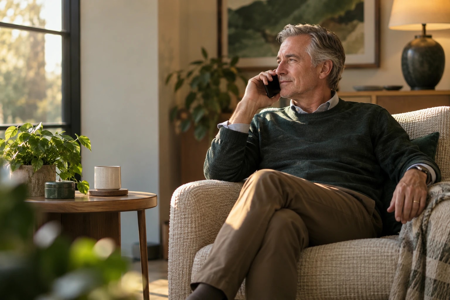 Illustrative: an account manager checking in with a long-time client by phone from a cozy office corner