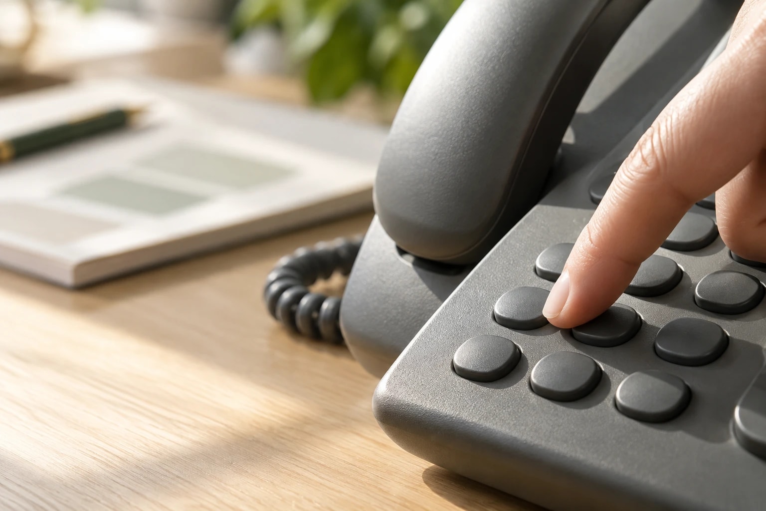Illustrative: close-up of a desk phone keypad being dialed, a call script page blurred behind