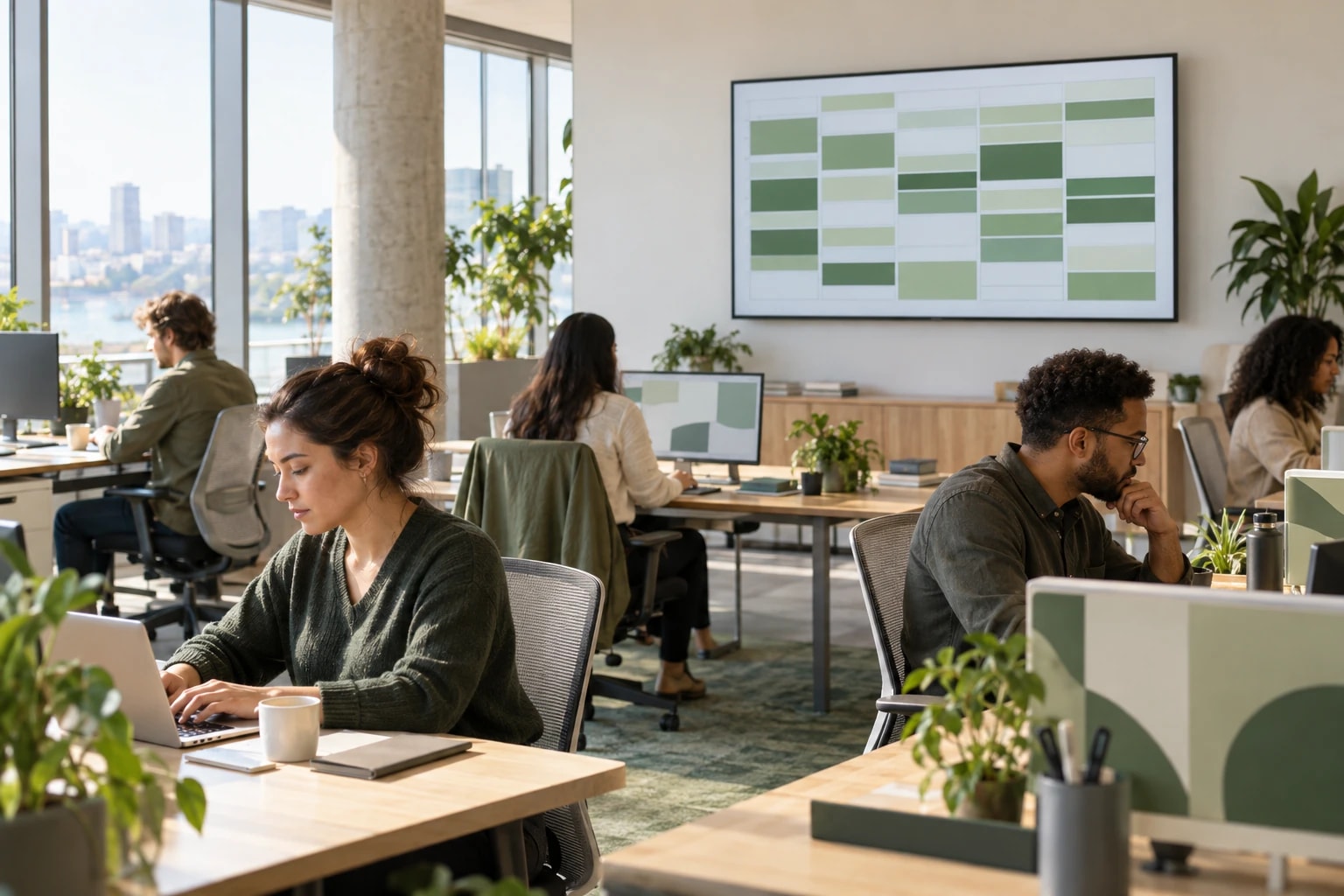 Illustrative: a wall-mounted screen in an open office showing a weekly schedule of abstract green blocks while a team works