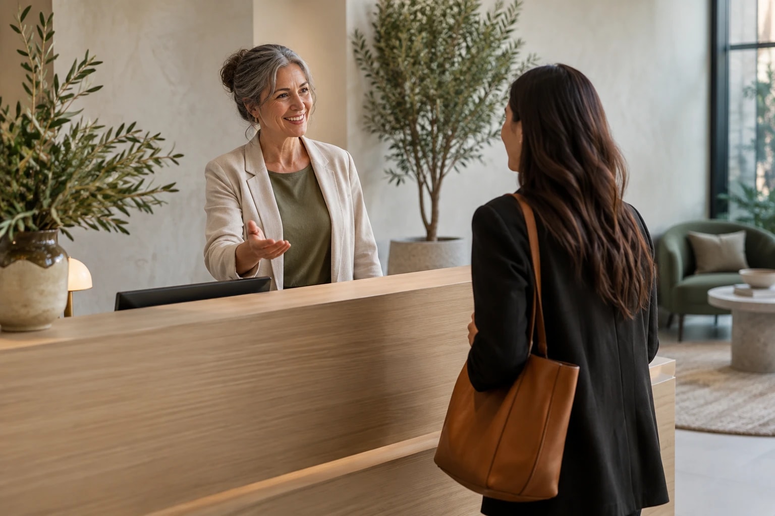 Illustrative: an office reception desk with a friendly coordinator greeting a visitor