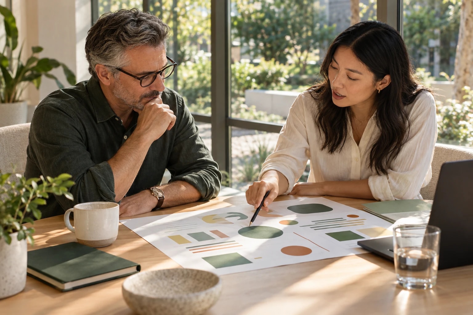 Illustrative: a client and an account manager reviewing a campaign plan together at a sunny table