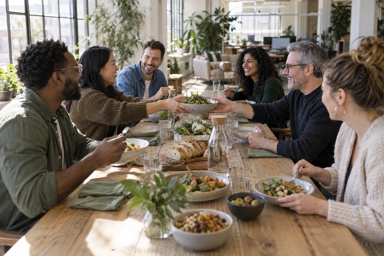Illustrative: the calling team sharing lunch together around a long table in a bright office