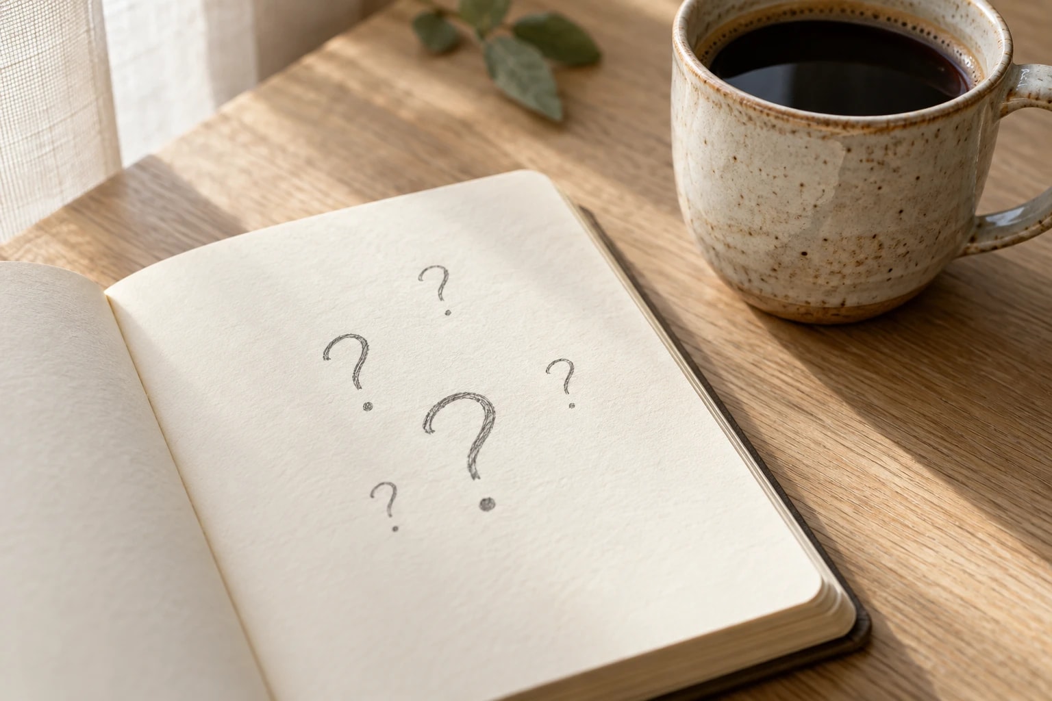 Illustrative: close-up of a notebook with question-mark doodles beside a coffee cup