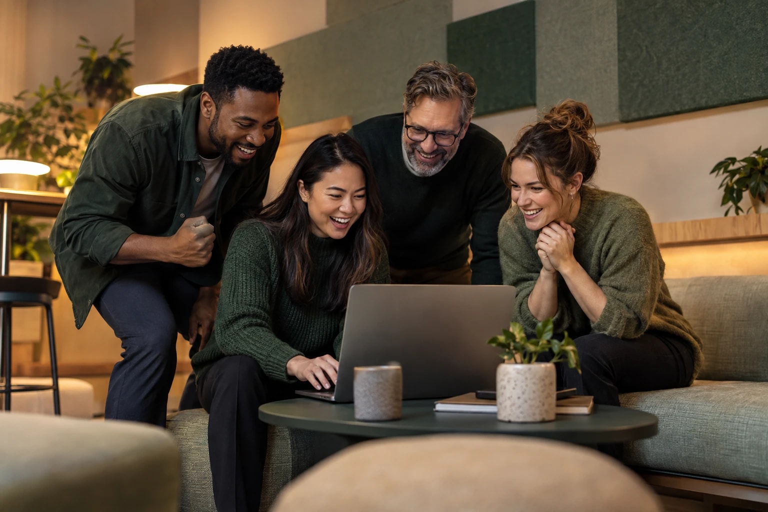 Illustrative: a sales team gathered around a laptop reacting happily to good news