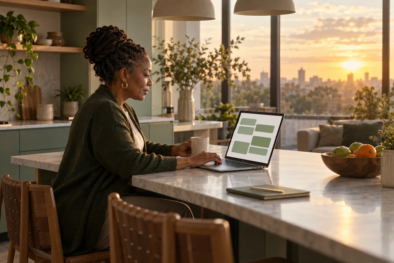 Illustrative: a sales director reviewing tomorrow's booked meetings on a laptop at a kitchen-style office table at sunrise