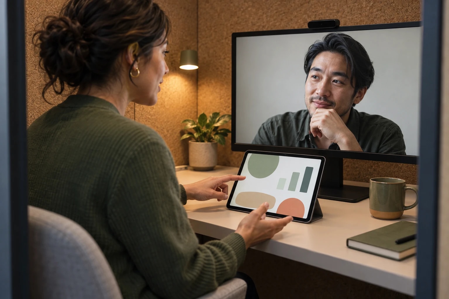 Illustrative: a support rep and a client reviewing an account together over video