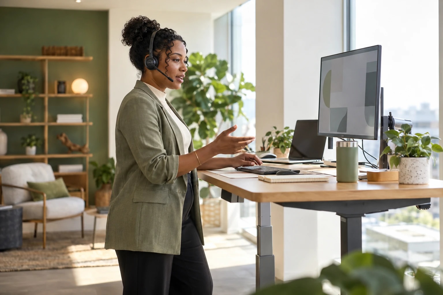 Illustrative: a caller standing at a high desk to keep energy up during a calling block