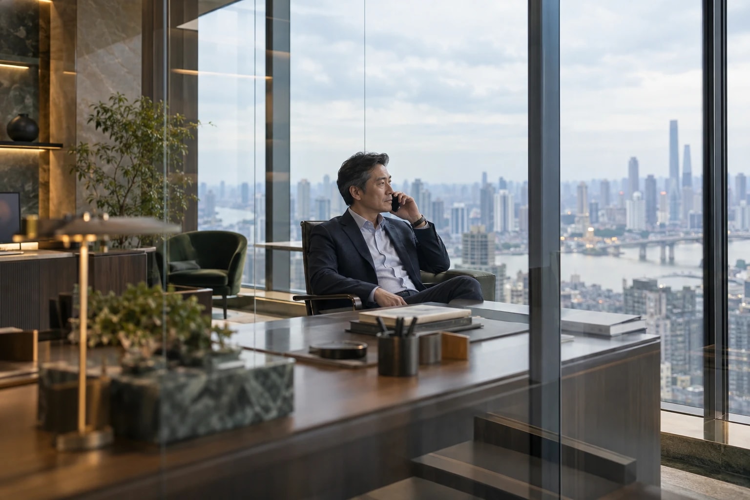 Illustrative: an IT director on a call in a glass office overlooking a city