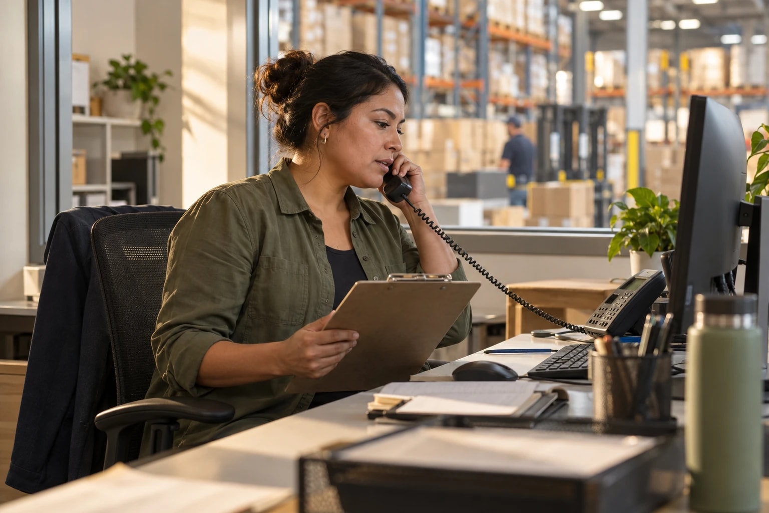 Illustrative: a prospect in a warehouse office answering a desk phone while holding a clipboard
