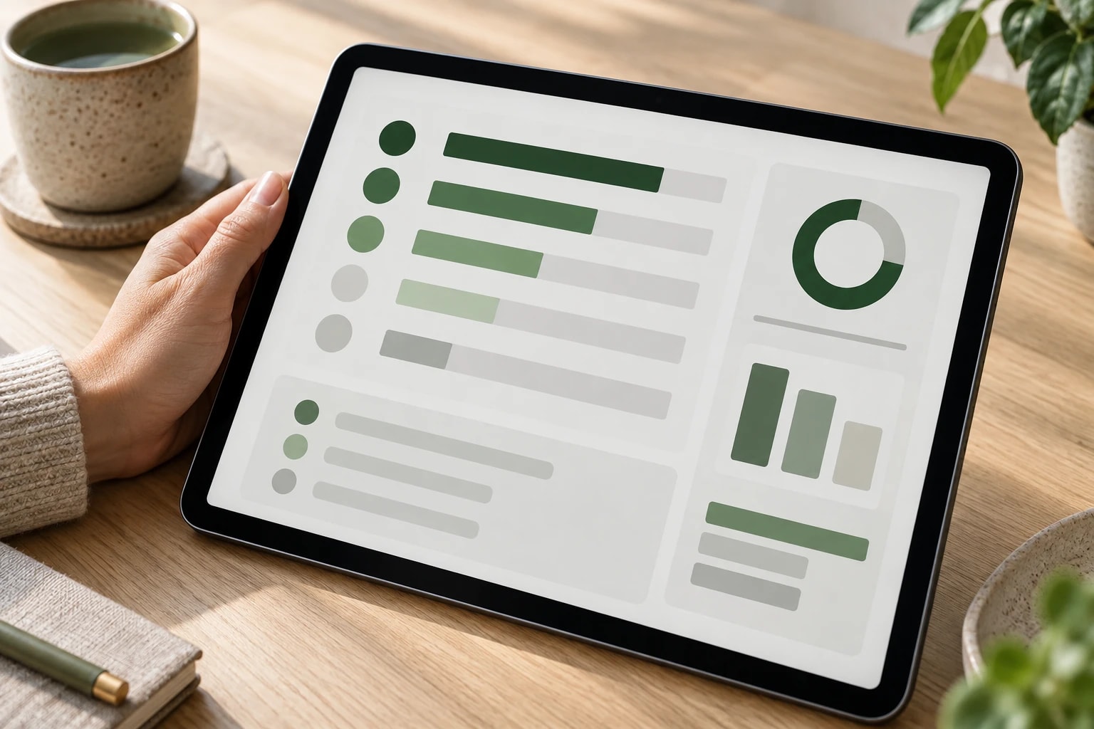 Illustrative: close-up of a tablet showing an abstract scorecard with green and gray bars