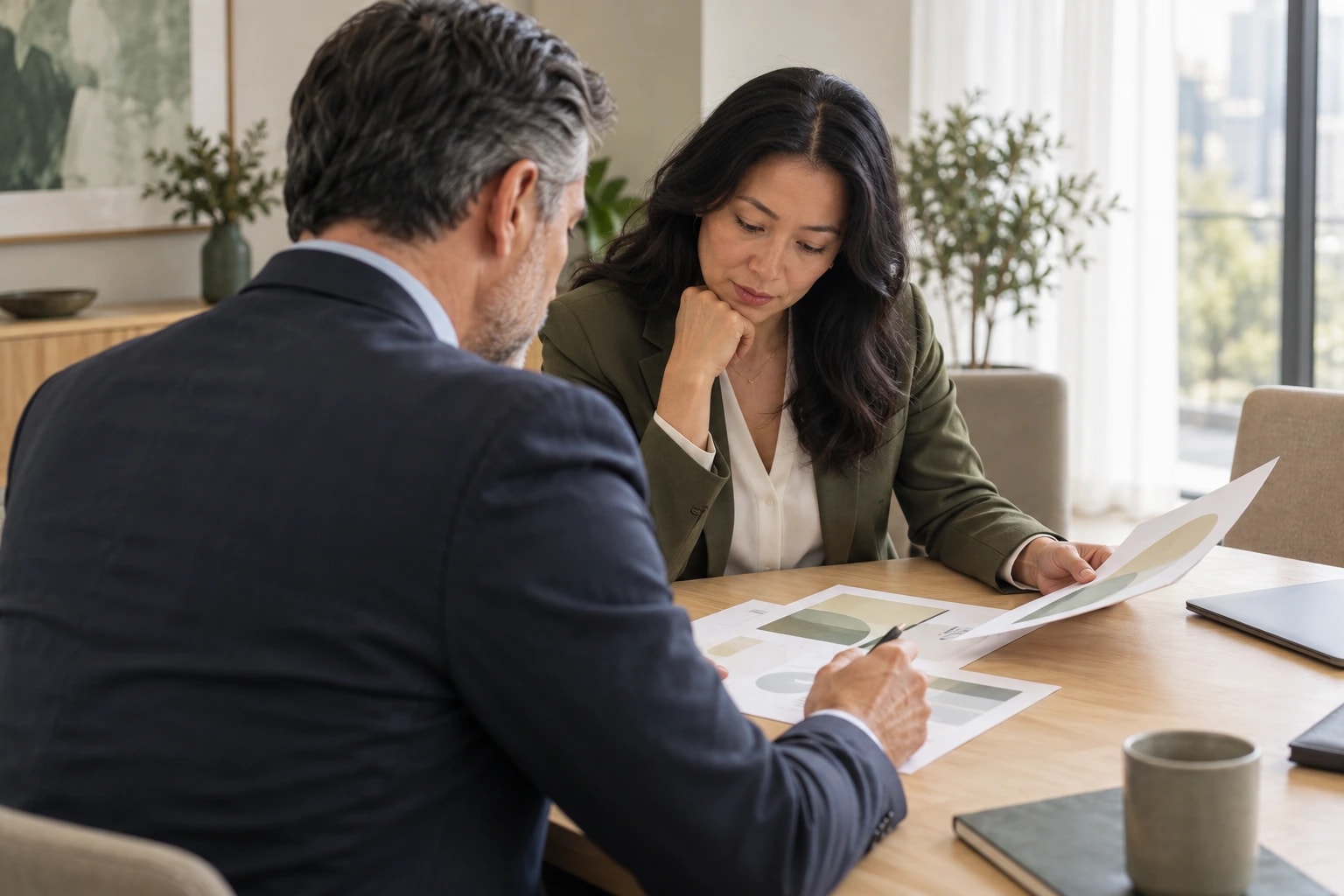 Illustrative: two executives reading proposals at a table, one leaning in
