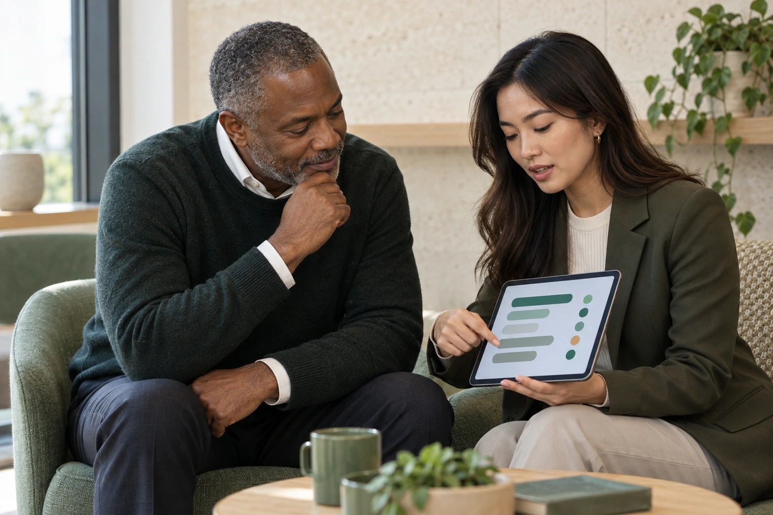 Illustrative: a team lead and an SDR discussing a scorecard of bars on a tablet