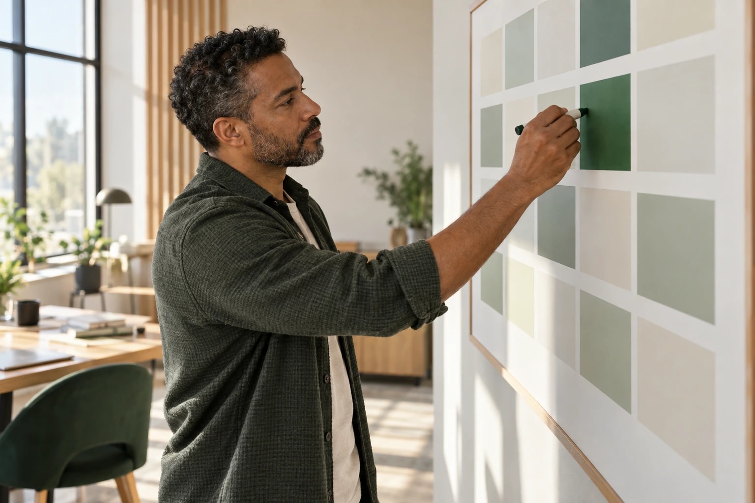 Illustrative: a caller marking a green block on a wall planner