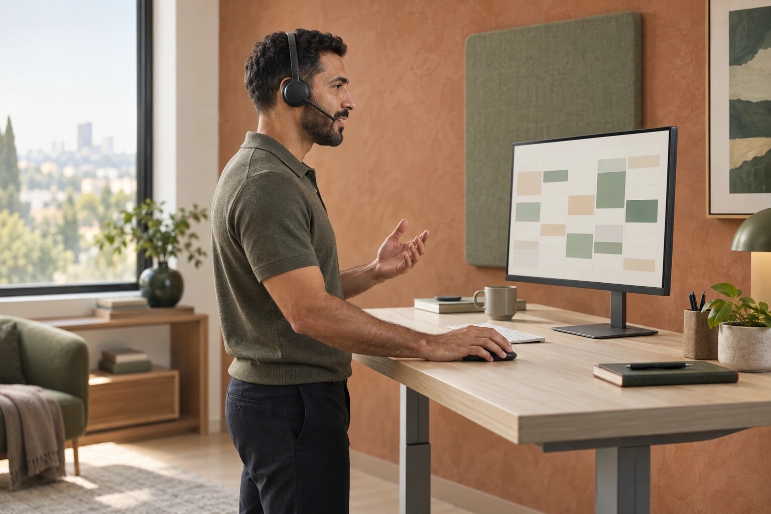 Illustrative: an appointment setter at a standing desk confirming a meeting, monitor with weekly calendar