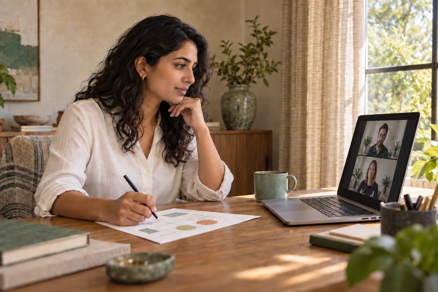 Illustrative: a buyer taking notes during a vendor video call in a home office