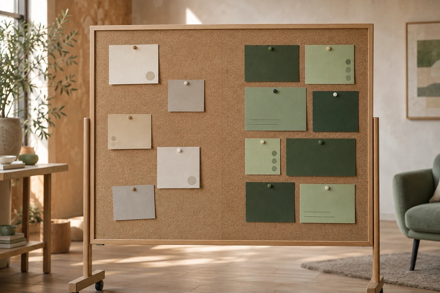 Illustrative: a project board with abstract before-and-after columns of colored cards
