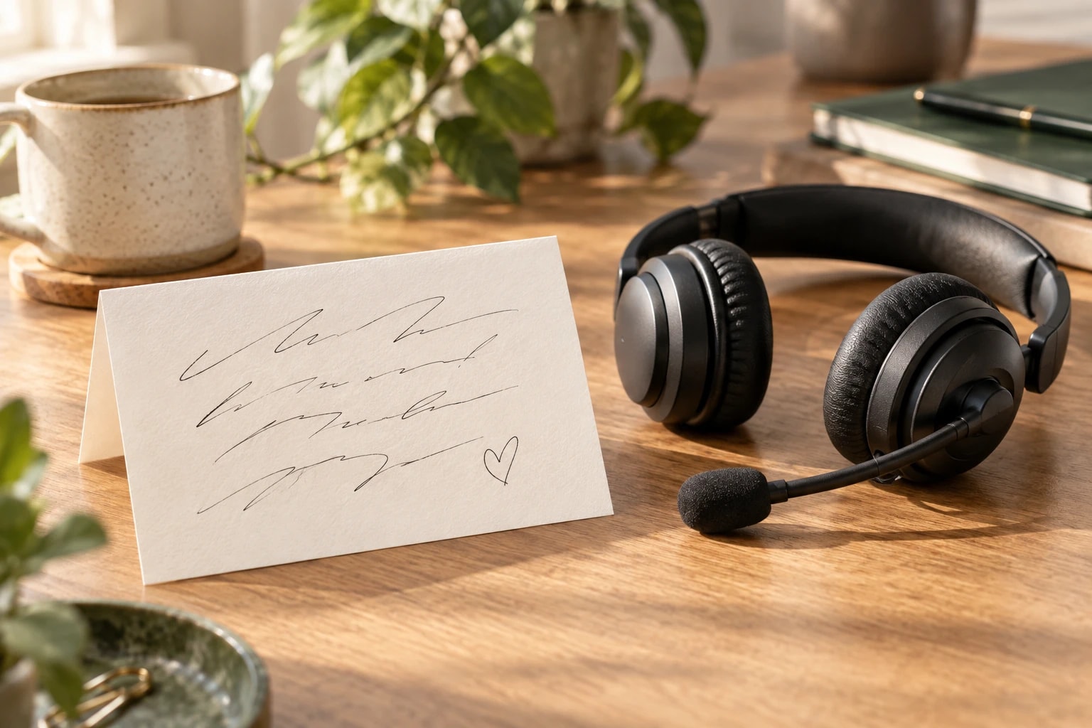 Illustrative: a handwritten card of appreciation resting on a desk beside a headset