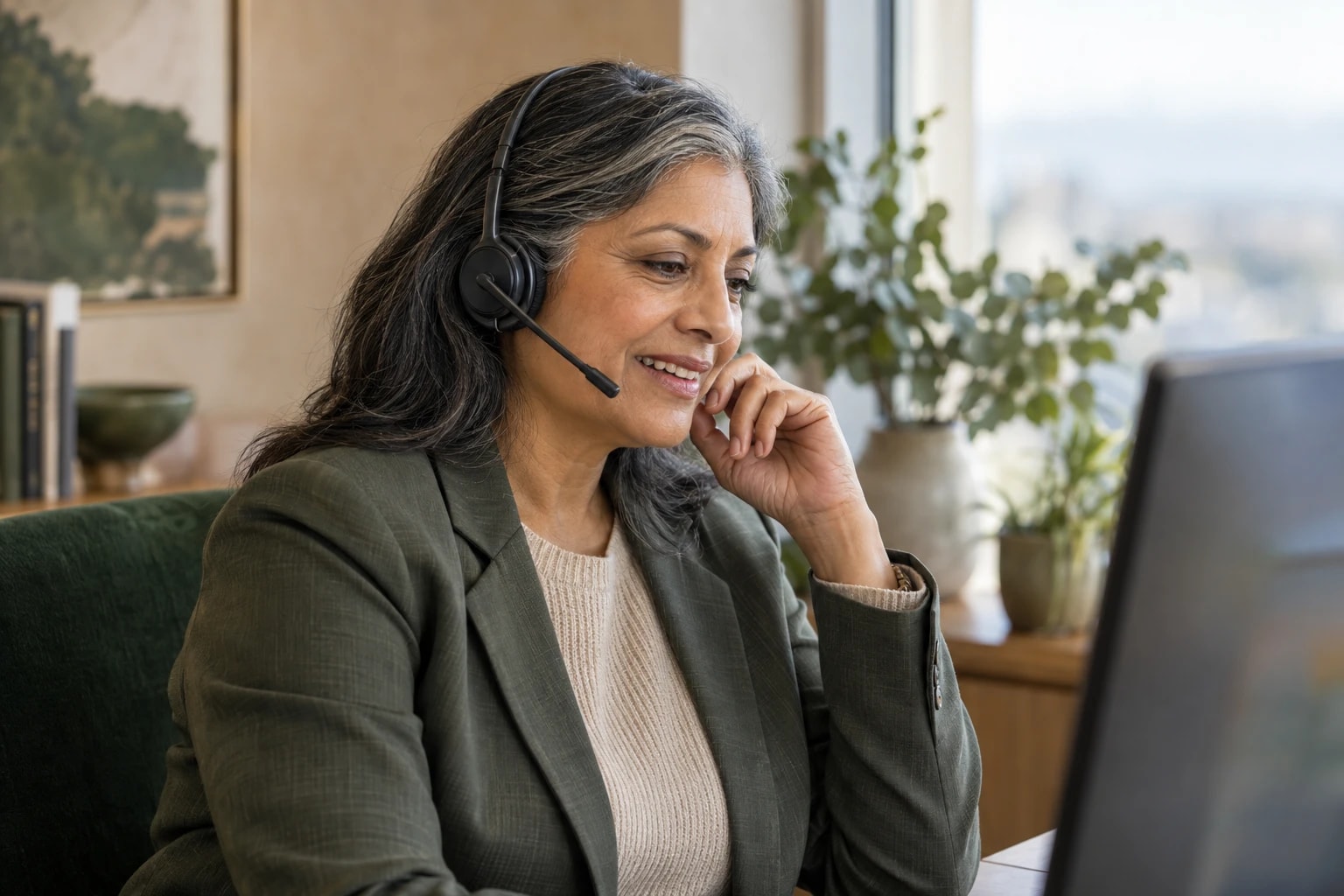 Illustrative: an experienced caller in her fifties speaking warmly on a headset