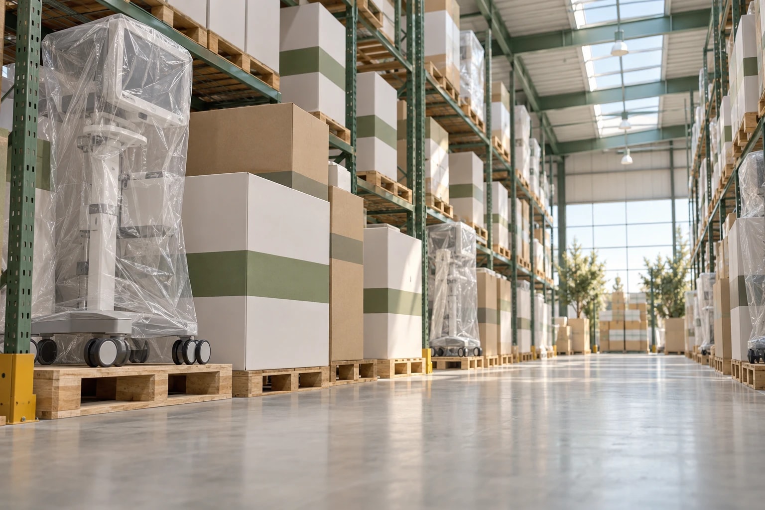Illustrative: rows of boxed medical equipment in a clean warehouse