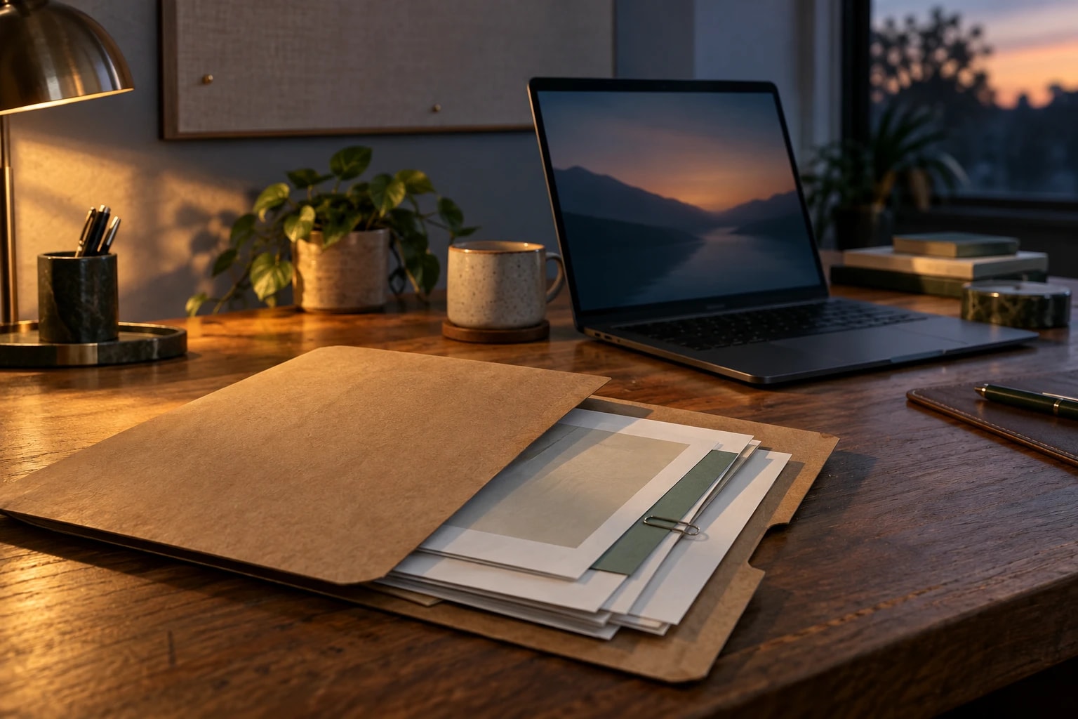 Illustrative: a folder of case notes and a laptop on a desk, evening light