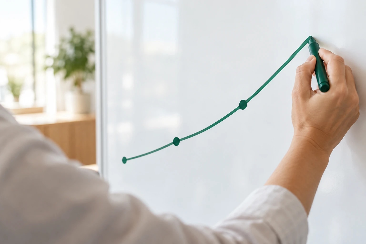 Illustrative: close-up of a hand drawing an upward trend line on a whiteboard, no numbers