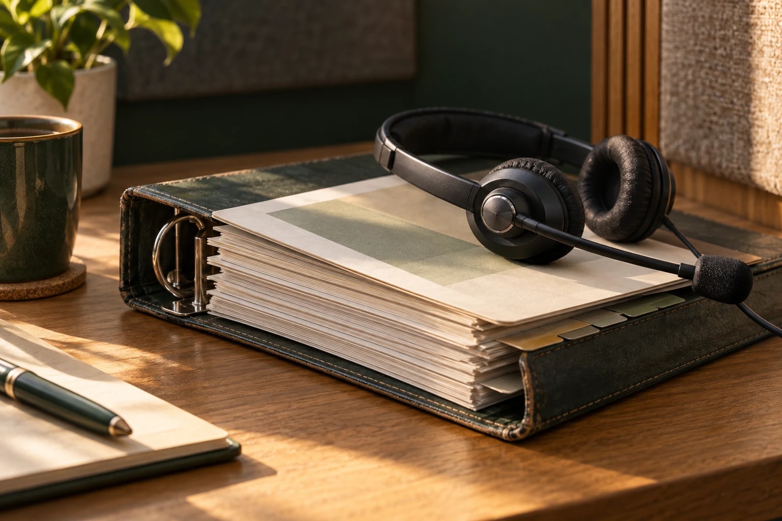 Illustrative: close-up of a well-worn call guide binder and a headset on an oak desk
