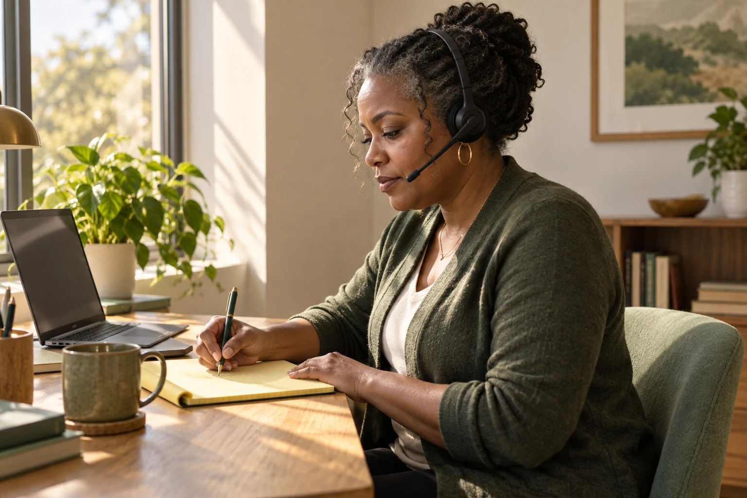 Illustrative: an appointment setter taking notes on a legal pad while listening on a headset in a sunlit corner