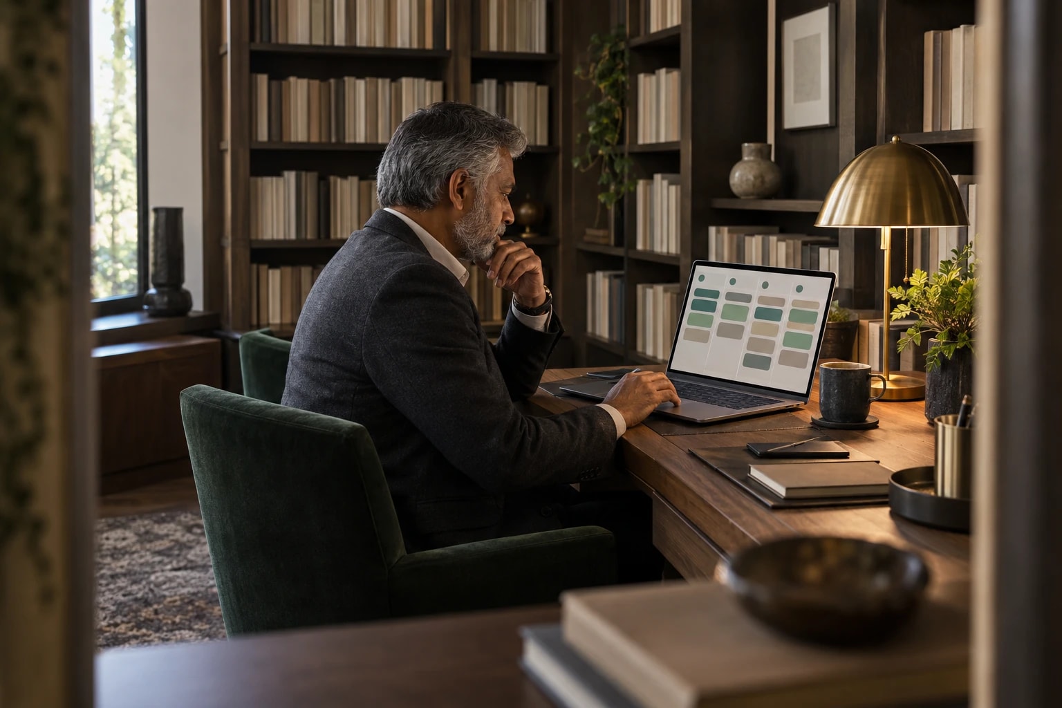 Illustrative: a sales lead reviewing a filtered pipeline on a laptop in a quiet library-like office corner