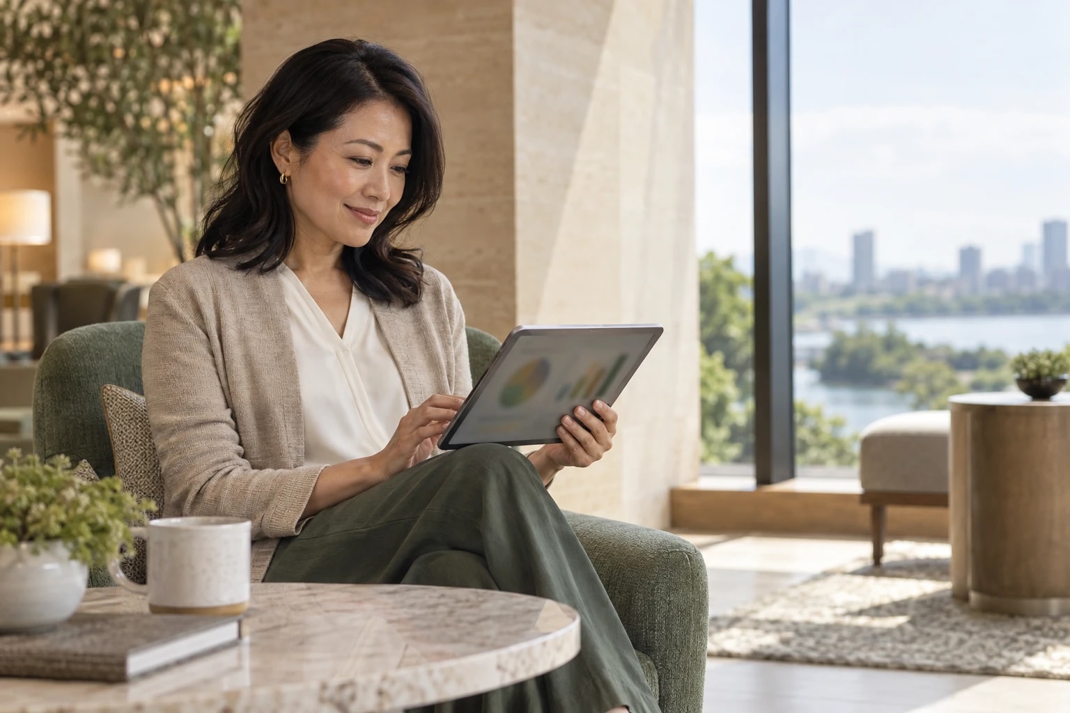 Illustrative: a client reviewing a campaign report on a tablet with a satisfied expression