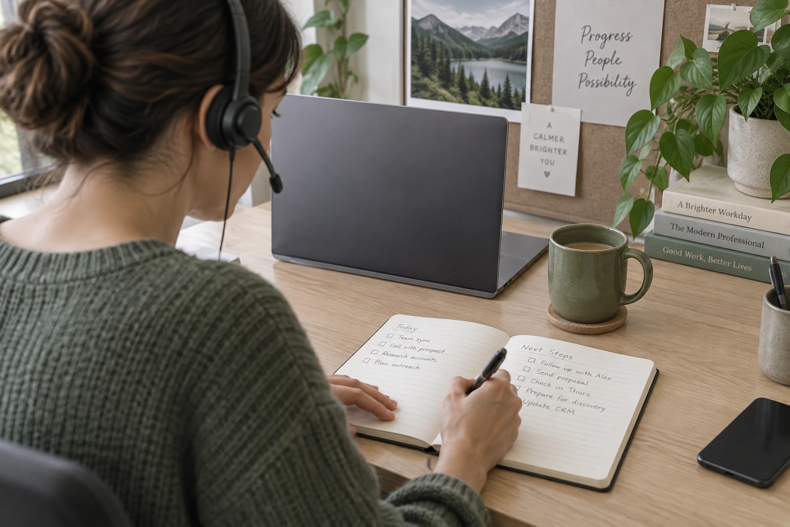 Illustrative calling specialist preparing notes for a sales handoff