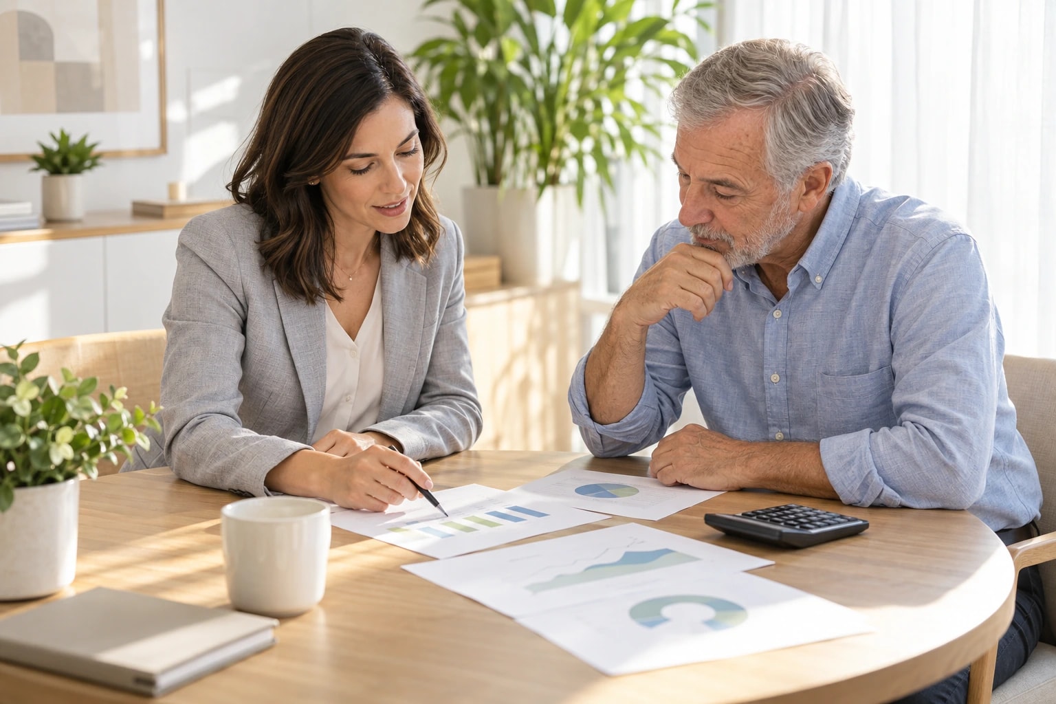 Illustrative financial advisor reviewing documents with a business owner in a sunlit office