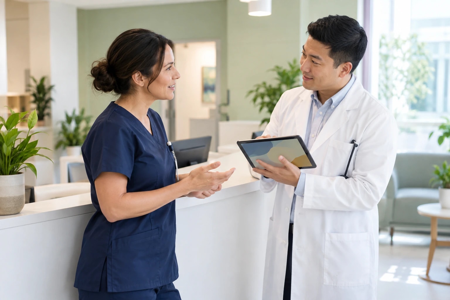 Illustrative clinic administrator and clinician talking at a reception desk