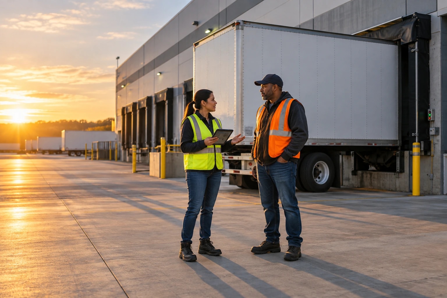 Illustrative logistics supervisor talking with a truck driver at a loading dock