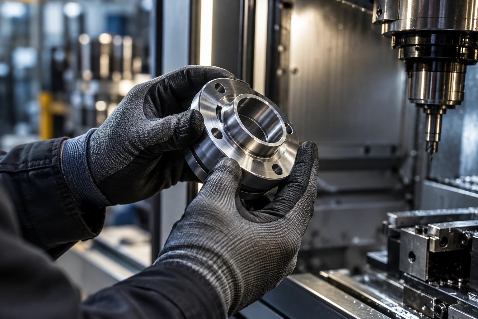 Illustrative engineer inspecting a precision-machined part beside a CNC machine