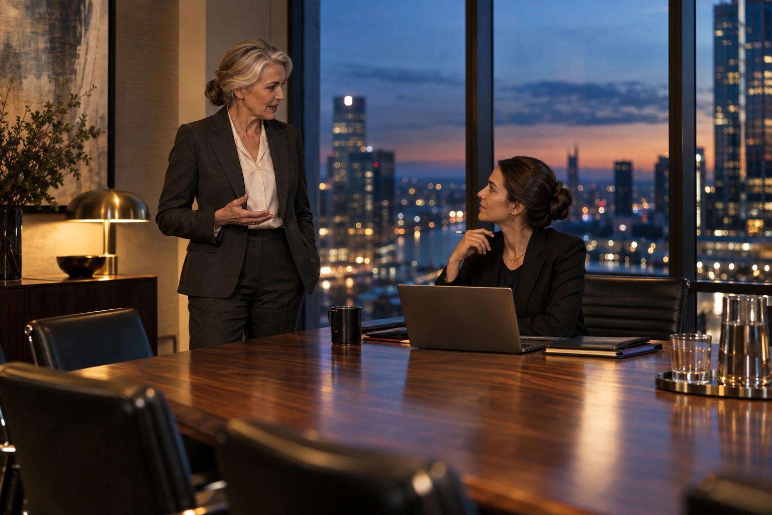 Illustrative senior partner talking with a colleague in a boardroom at dusk