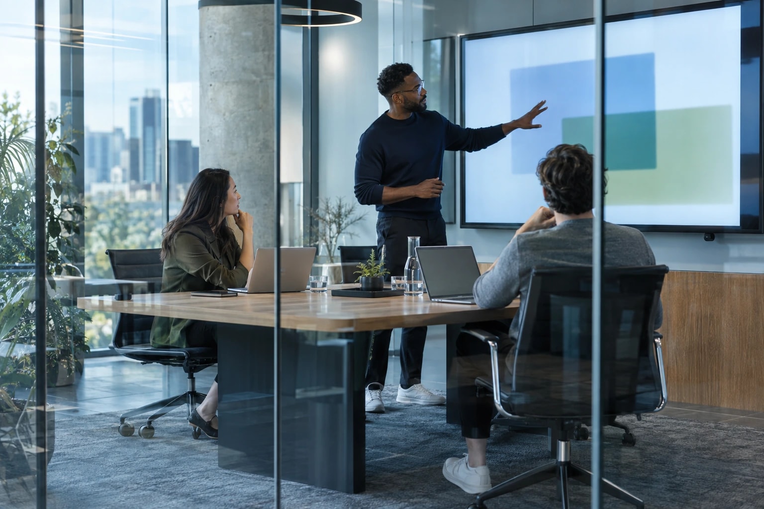 Illustrative product team in a glass meeting room reviewing a wall display