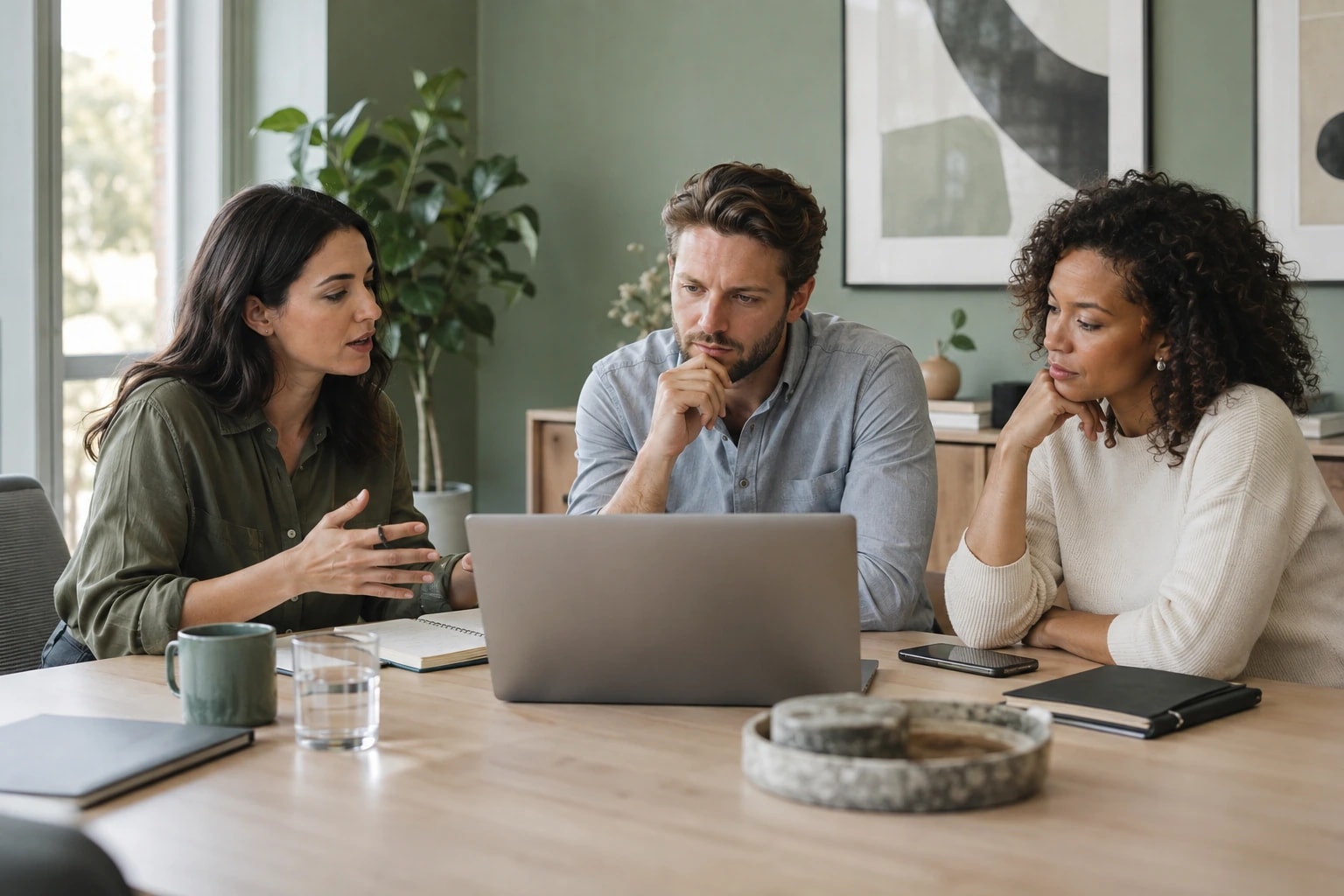 Illustrative: three colleagues around a laptop weighing a decision together