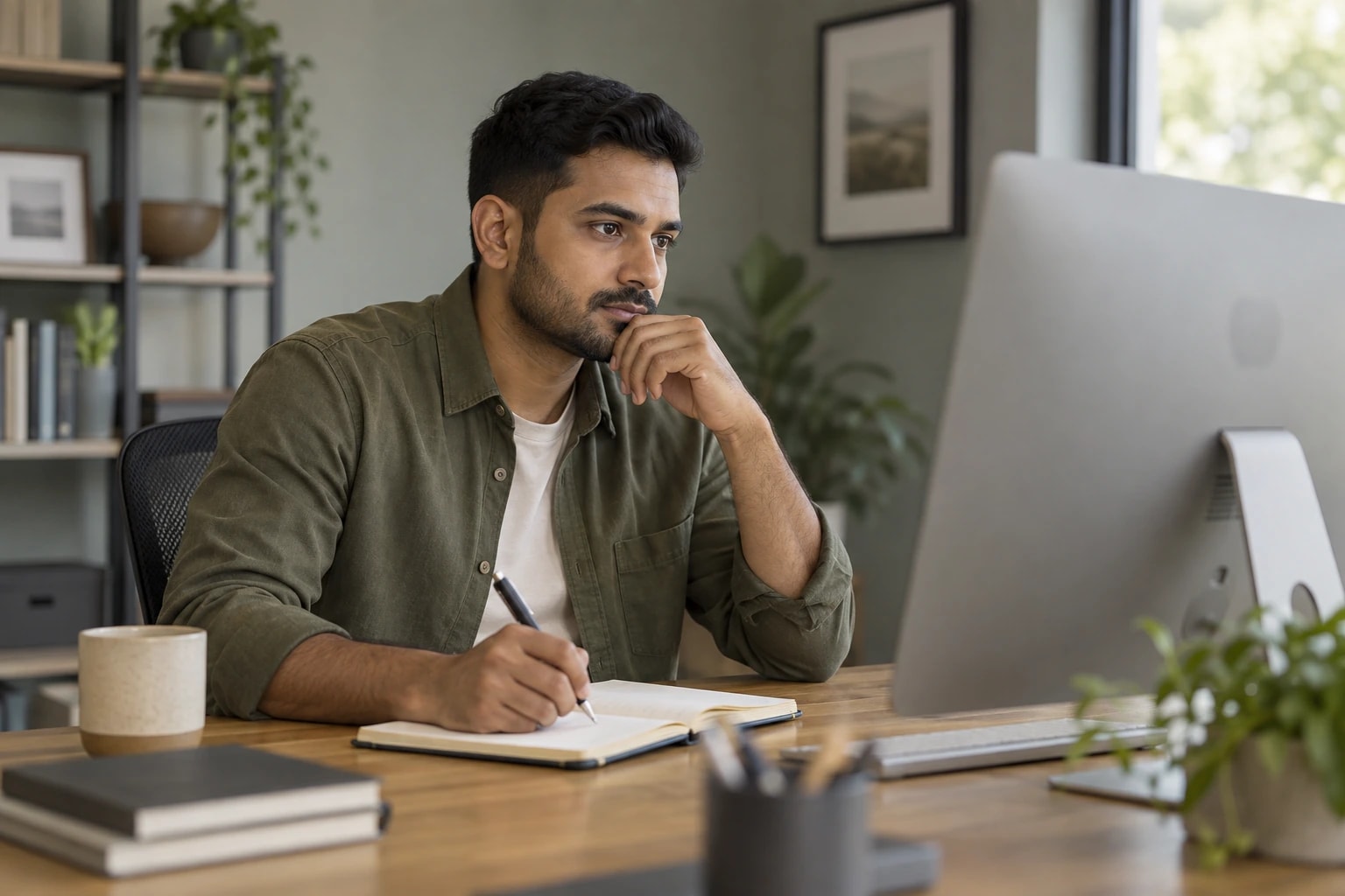 Illustrative: a sales researcher checking contact records on a monitor and taking notes