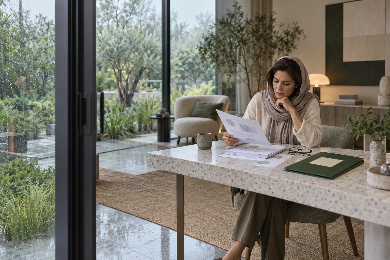 Illustrative: a hiring manager reviewing résumés while an outsourcing proposal sits beside