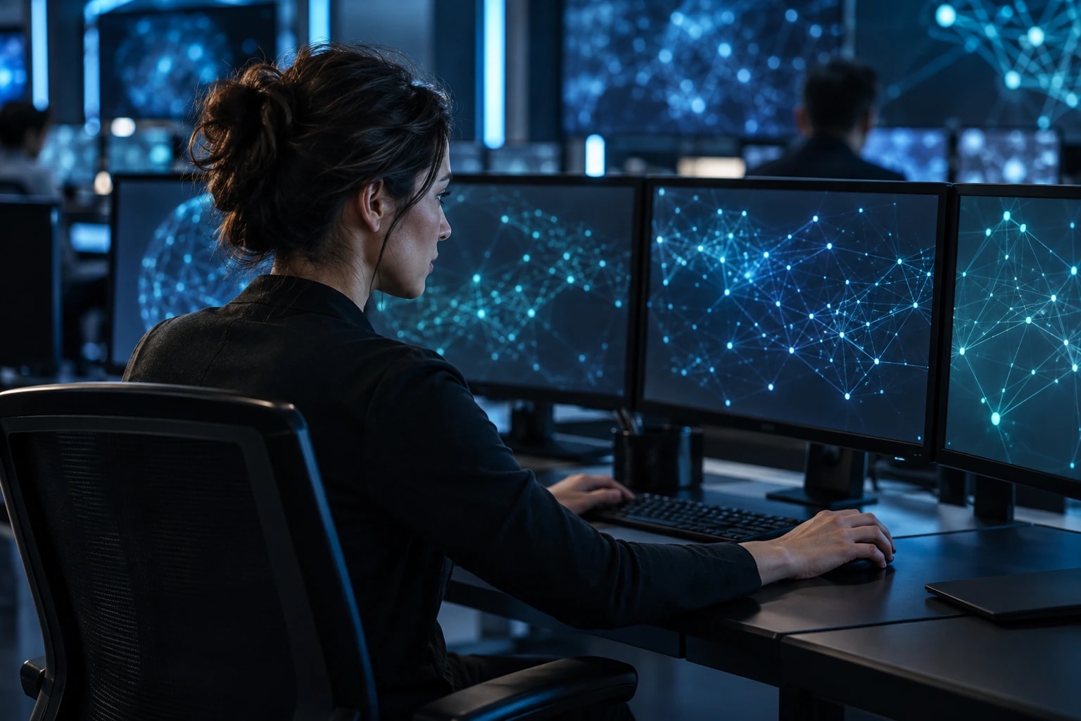 Illustrative cyber security analyst in a dark operations room with monitors showing abstract network shapes