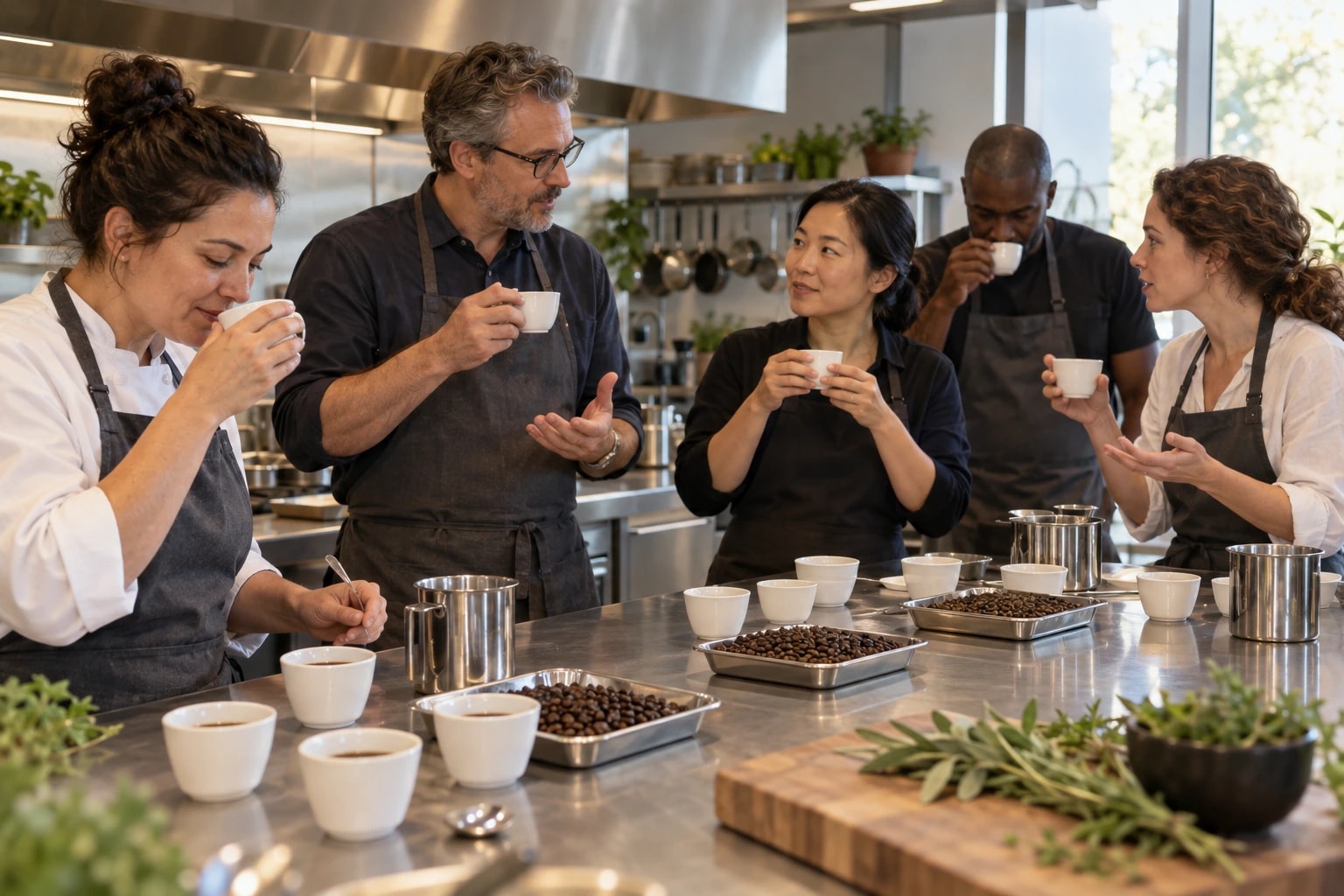 Illustrative product team tasting single-serve coffee in a corporate test kitchen with stainless counters