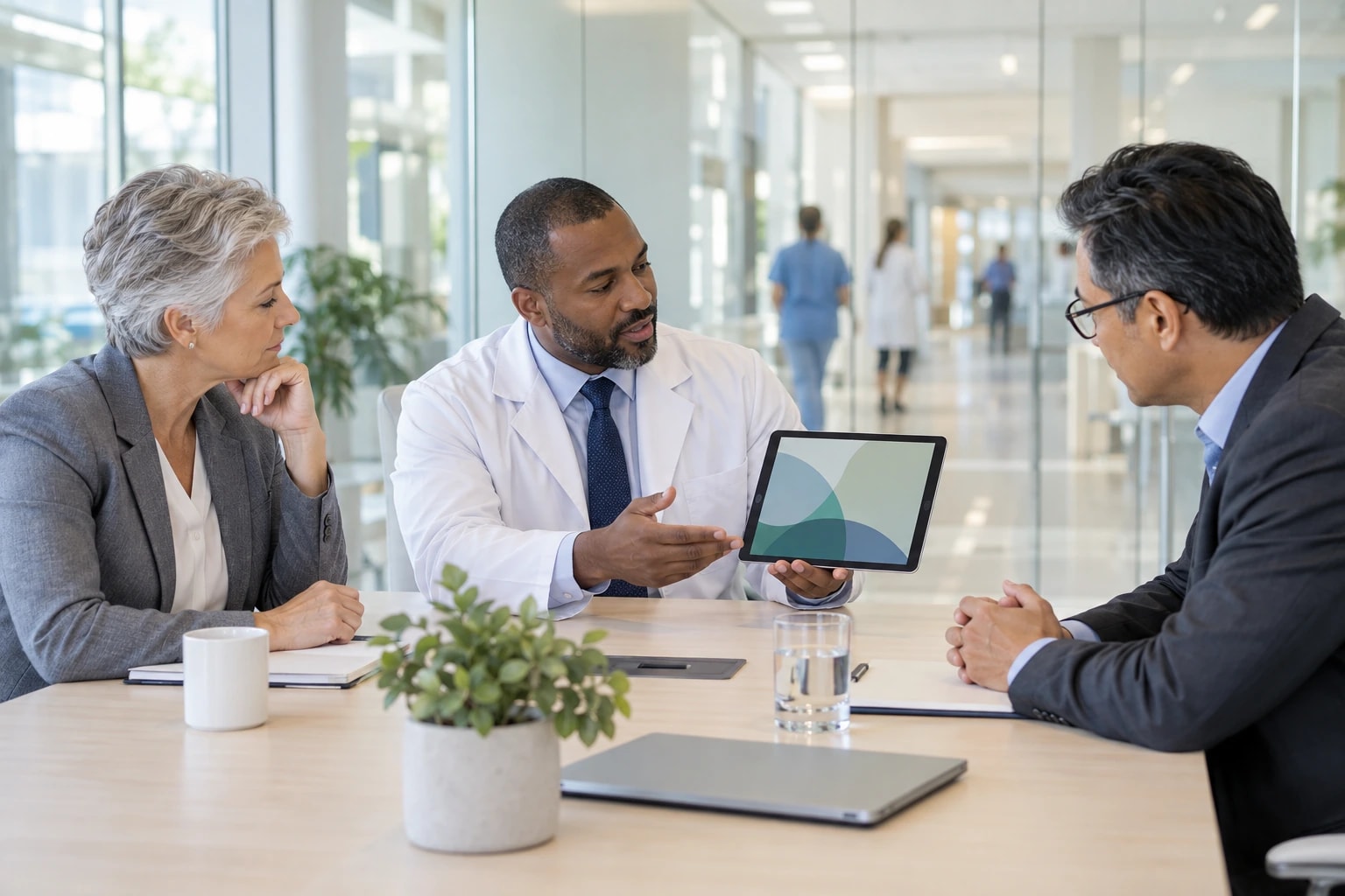 Illustrative hospital administrators meeting in a bright glass-walled conference room, one presenting a tablet