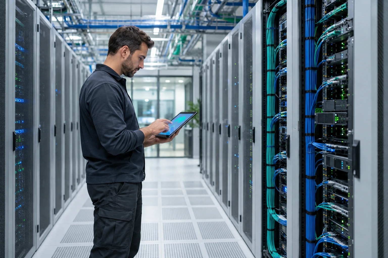 Illustrative telecom engineer checking a tablet in a bright network room with neat cabling and server racks