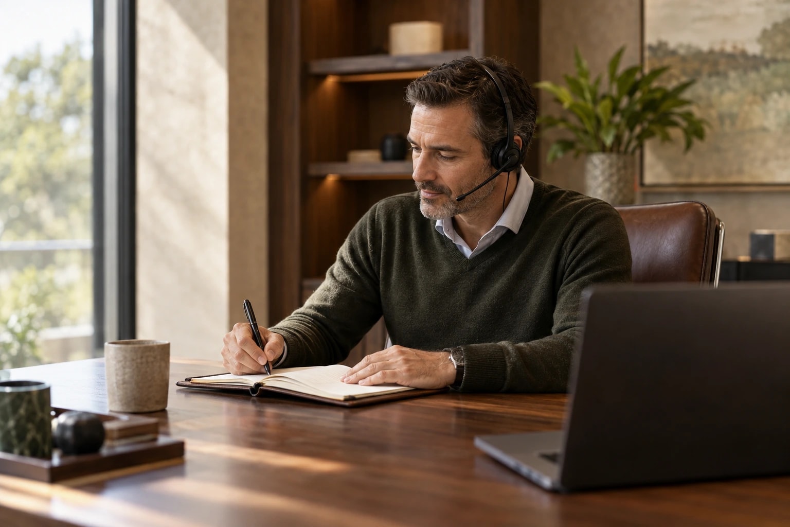 Illustrative appointment setter in a quiet, premium office speaking calmly into a headset while writing in a leather notebook