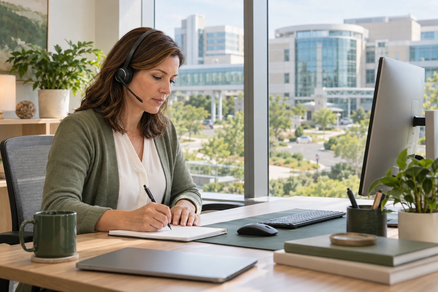 Illustrative appointment setter with a headset taking notes in a bright office overlooking a hospital campus