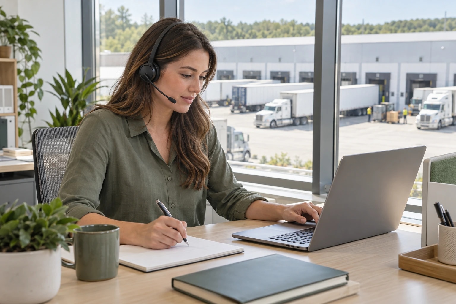 Illustrative appointment setter with a headset in a bright office with a view onto a distribution yard with parked trailers