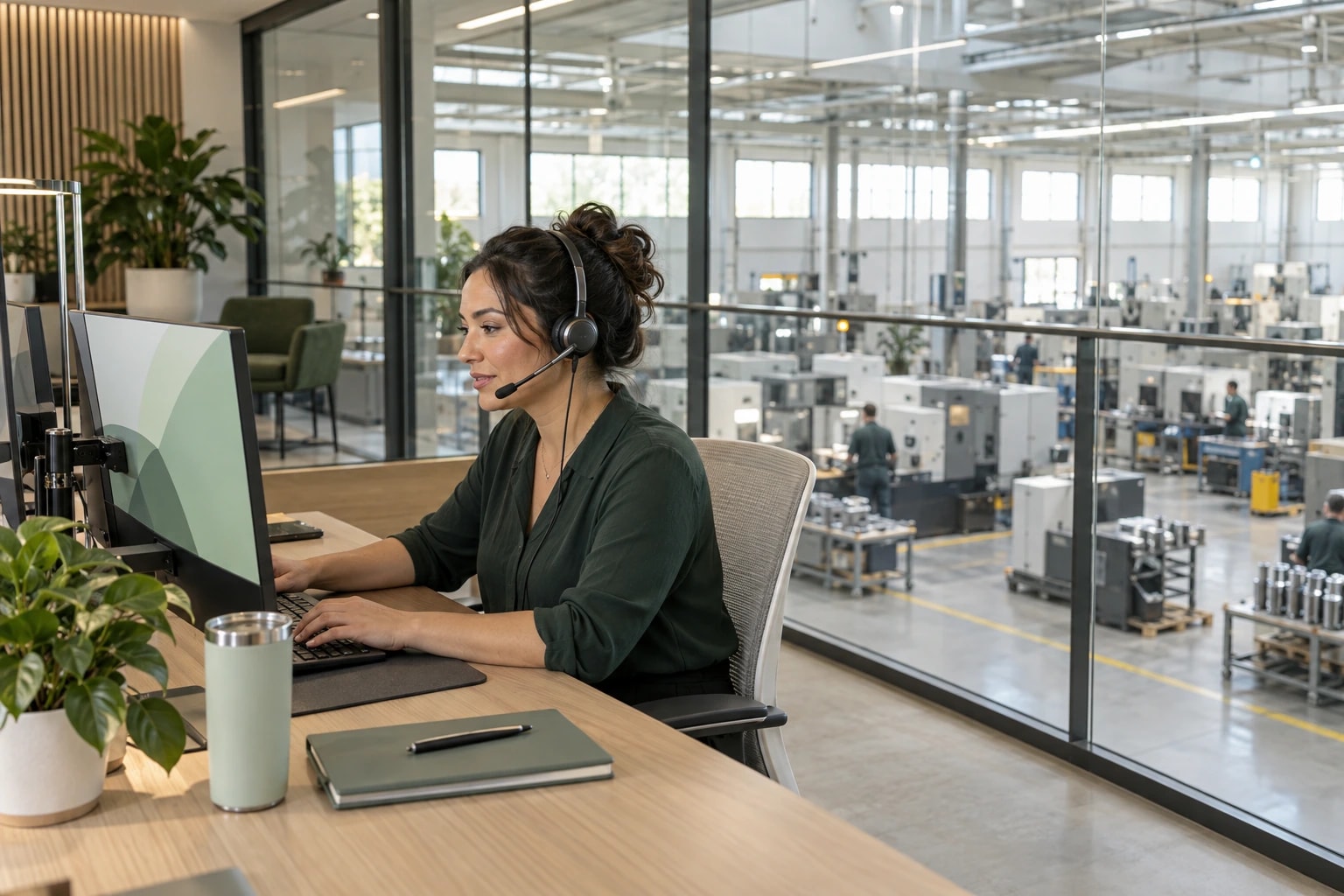 Illustrative sales development rep with a headset in a mezzanine office overlooking a modern factory floor