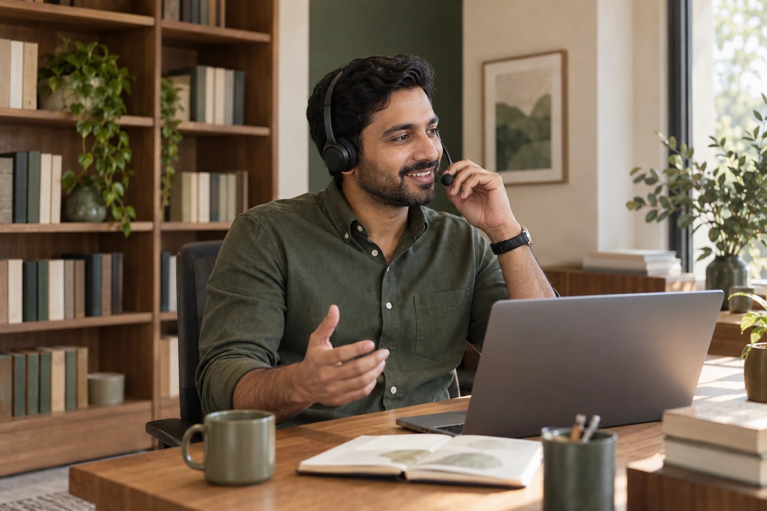 Illustrative appointment setter with a headset in a boutique office with plants and bookshelves, mid-conversation